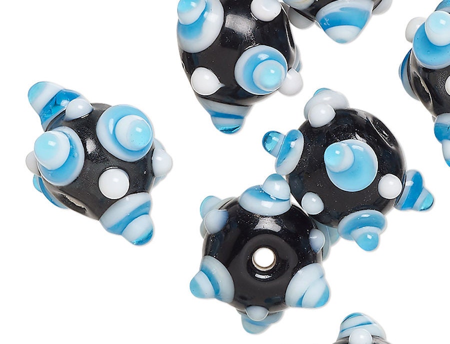Lampwork Glass Black White & Blue Bumpy Rondelle Beads 12x10mm — 10 pcs