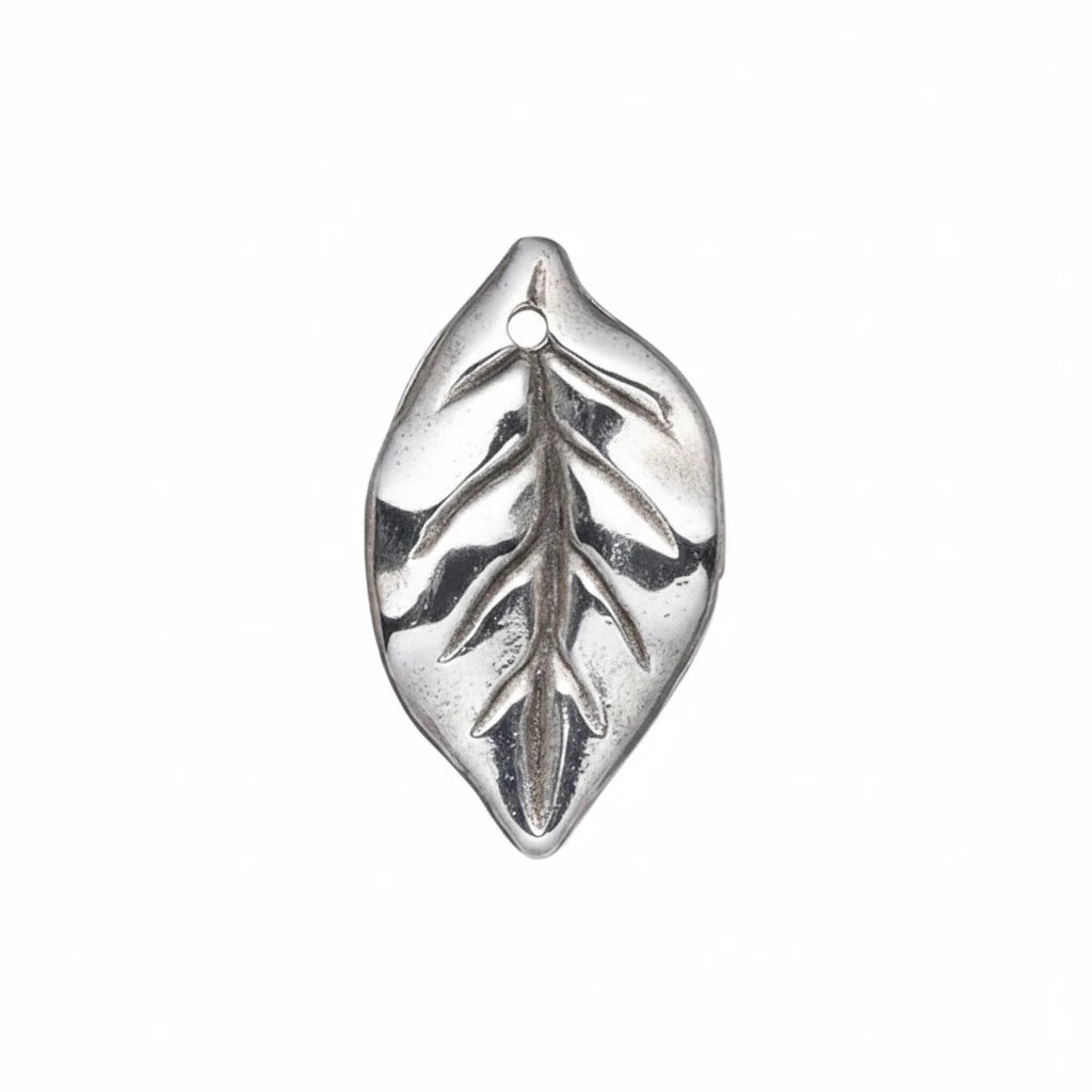 A single silver-toned metal leaf-shaped charm with a small loop at the top, shown on a plain white background.