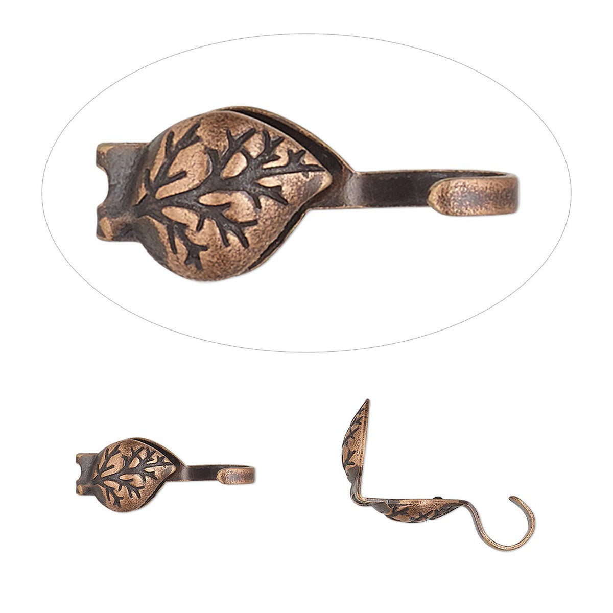 Bronze-finished metal leaf-shaped hooks shown from multiple angles on a white background, including a circular inset close-up of the engraved leaf detail.