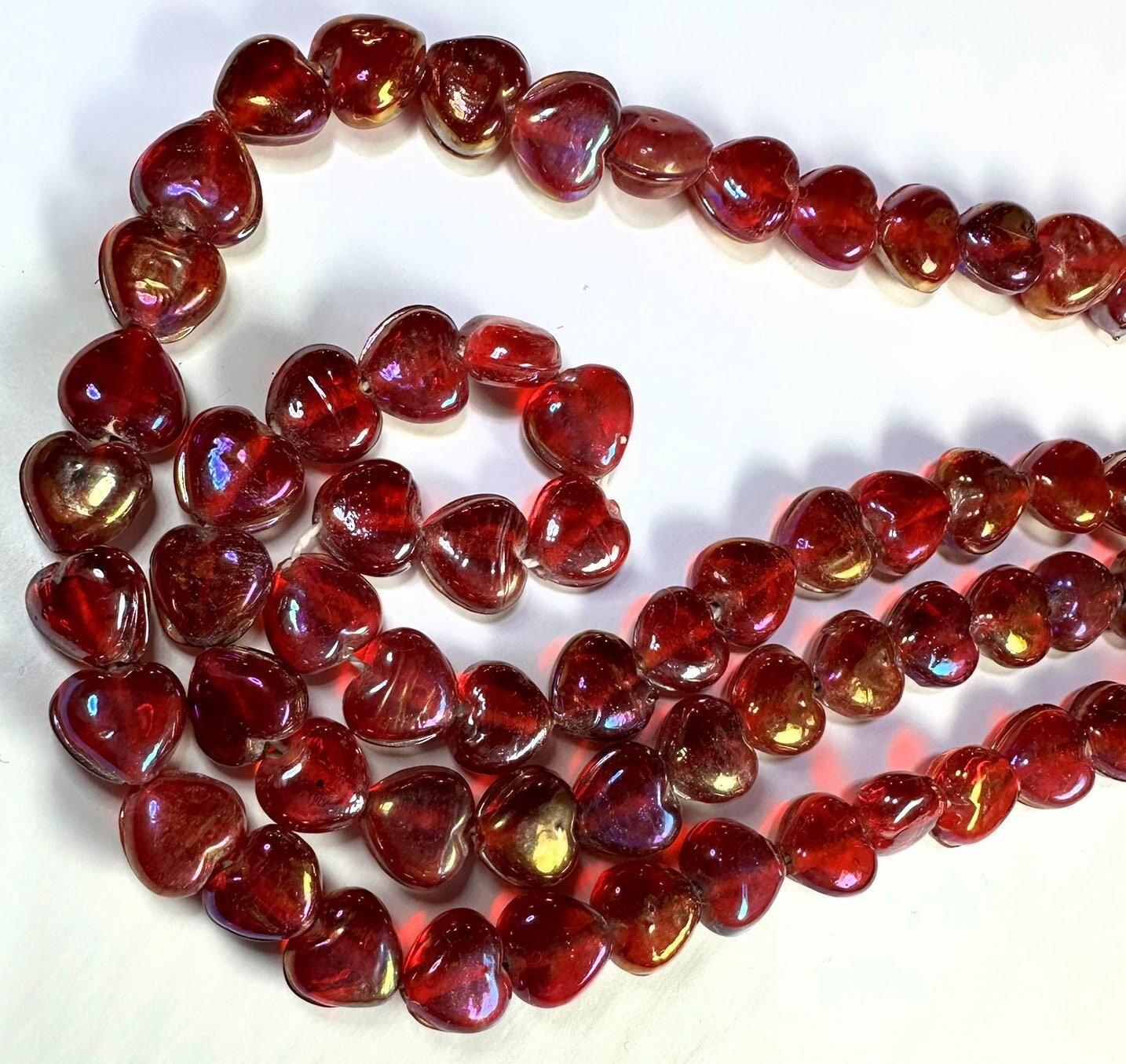 Glass Iridescent Rainbow Red Heart Beads 10x10mm — 2 Strands (approximately 80 pcs)