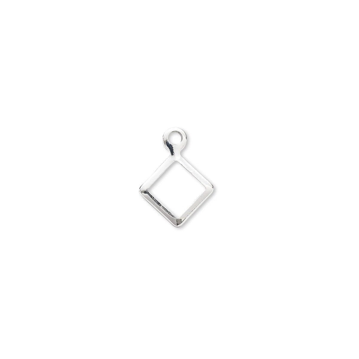 A small silver diamond-shaped jewelry charm with a top loop, shown on a plain white background.