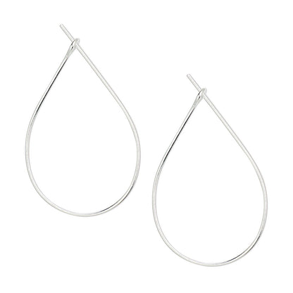 A pair of minimalist silver teardrop hoop earrings with post-back closures, shown on a solid white background.