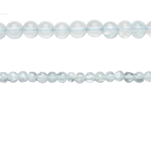 Two strands of round SMOOTH beads in a pale icy blue-green color, displayed horizontally against a plain gray background.
