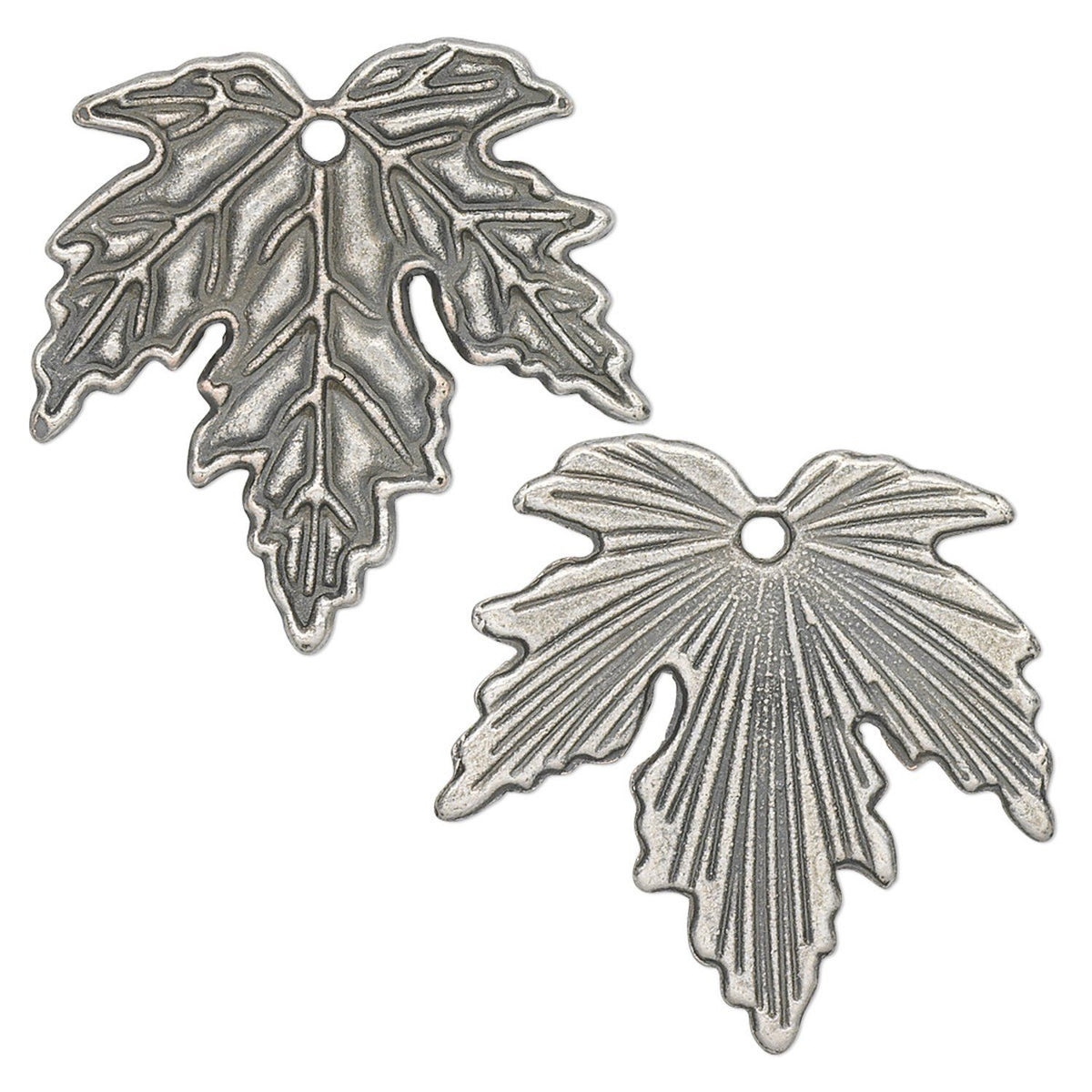 Two silver-toned metal leaf-shaped charms with a textured, antiqued finish and a hanging hole, shown on a plain white background.