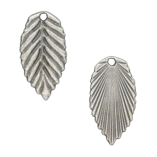 Two silver-toned metal charms shaped like stylized leaves with textured ribbed details and a small loop at the top, shown on a plain white background.