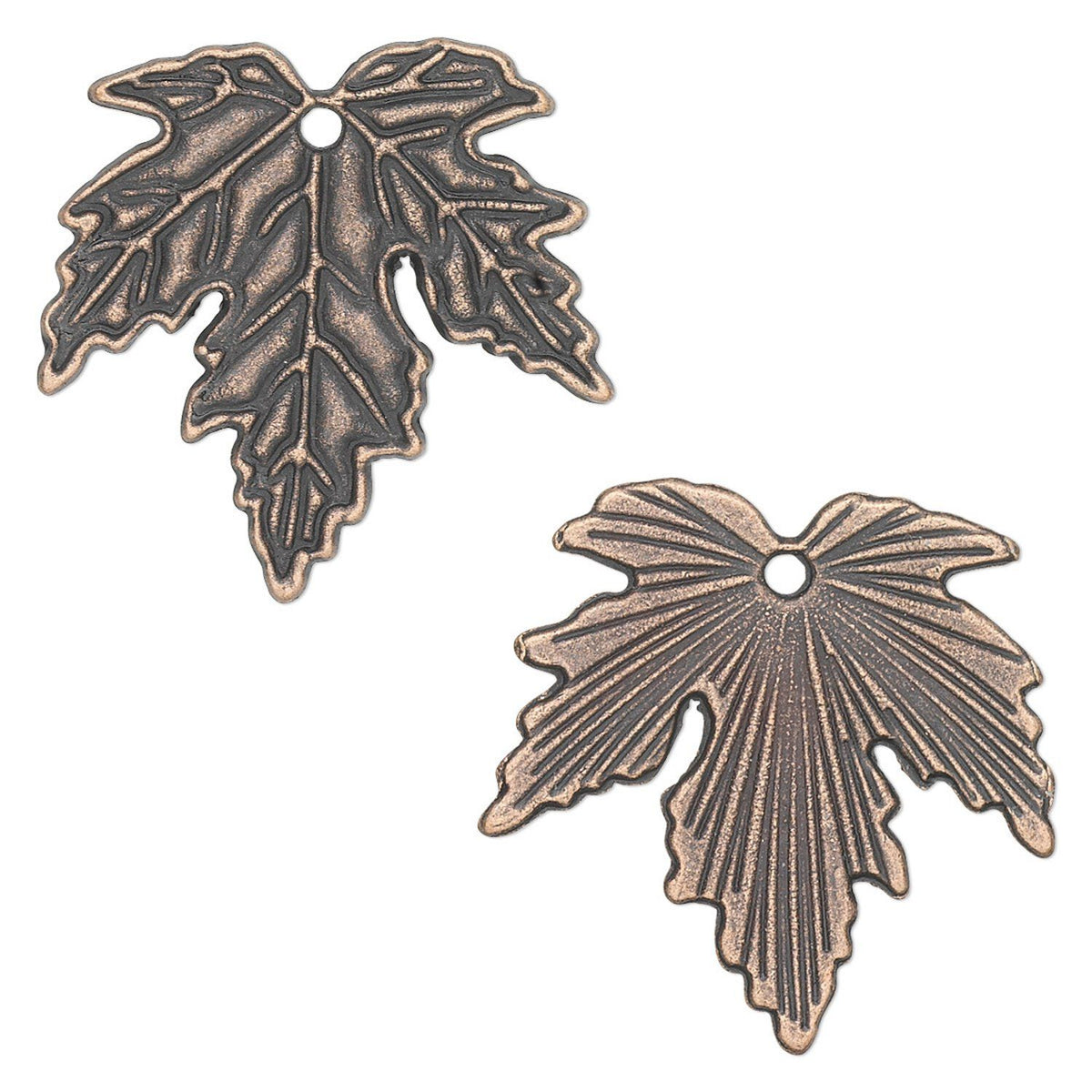 Two bronze-colored metal leaf-shaped charms with pre-punched holes, displayed on a clean white background.