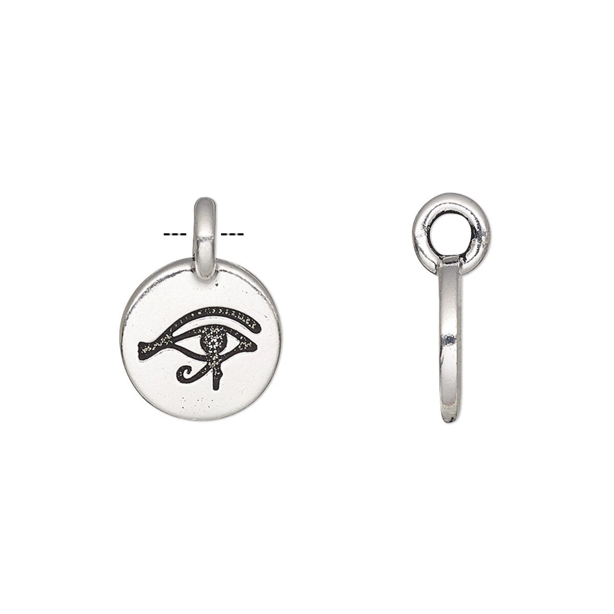 A silver round disc charm featuring a blackened Egyptian Eye of Horus design, shown from two angles (front and side profile) on a plain white background.