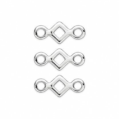 Three silver-toned metal connector charms with oval side loops and a central diamond-shaped cutout, arranged vertically on a white background.