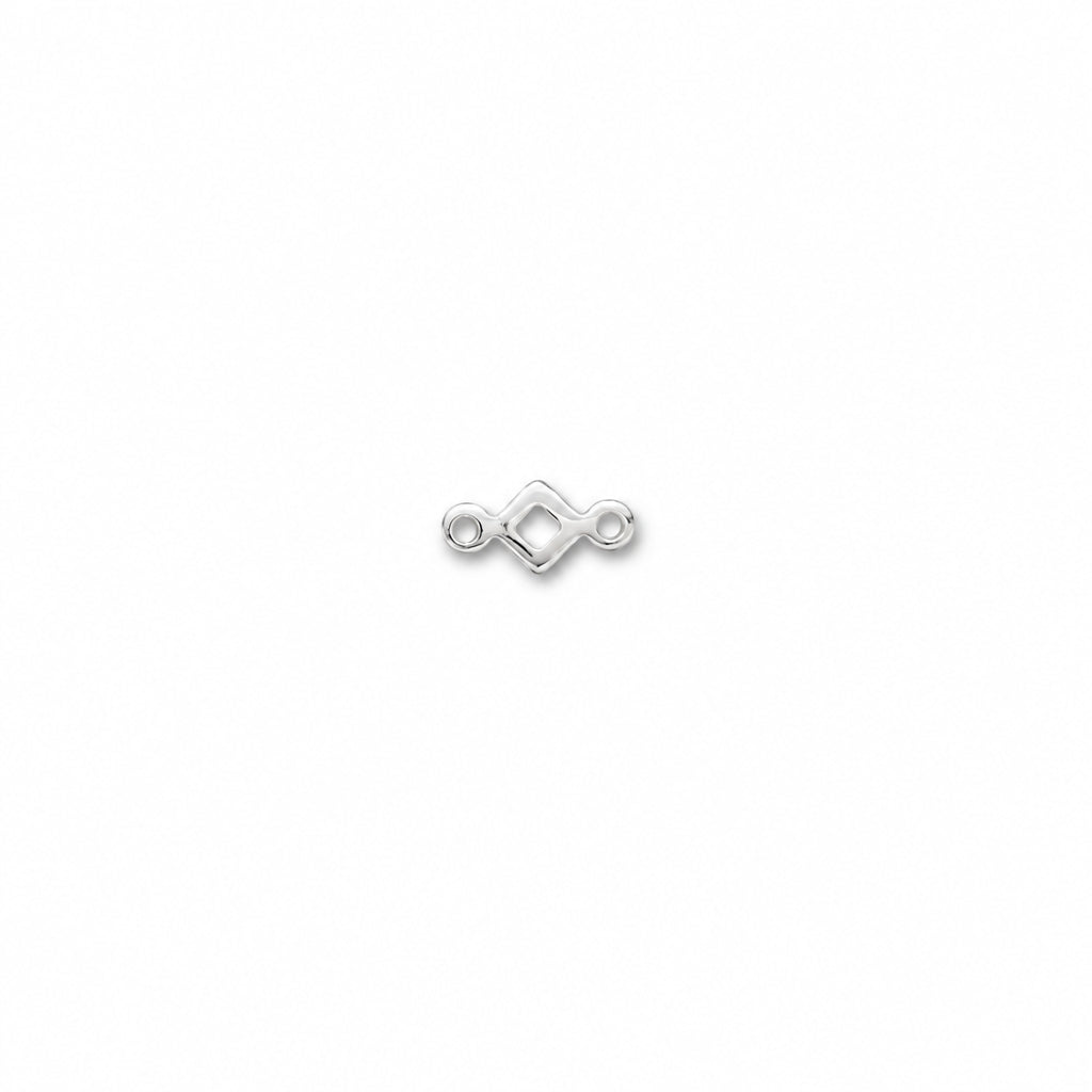 A small silver metal connector with two loops on each side and a central diamond-shaped cutout, shown on a plain white background.