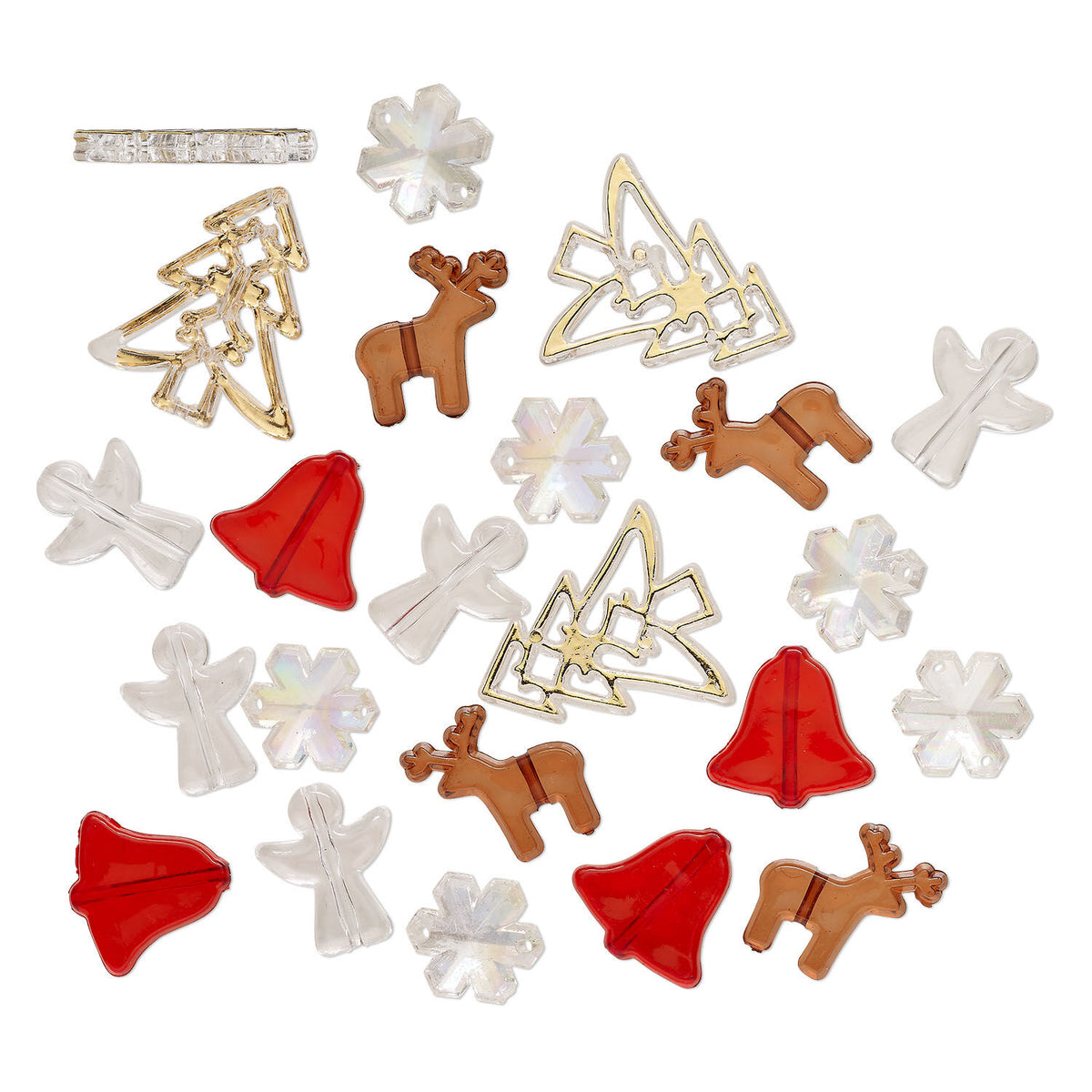 A collection of Christmas-themed jewelry findings and charms scattered on a white background, including red bells, brown reindeer, white and gold Christmas trees, white snowflakes, and white angel figures.