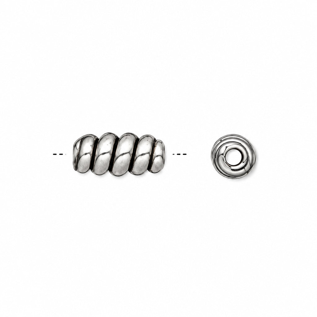 A small silver-toned spiral charm bead shown from two angles on a plain white background, with dotted alignment lines indicating its shape.