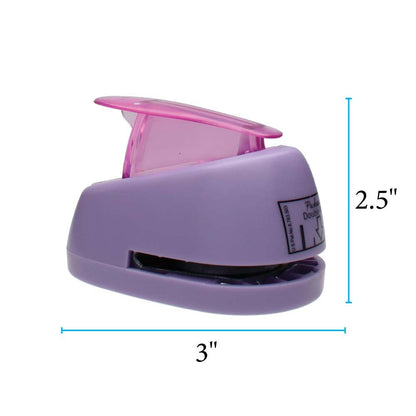 Purple and pink hole puncher with measurements on a white background