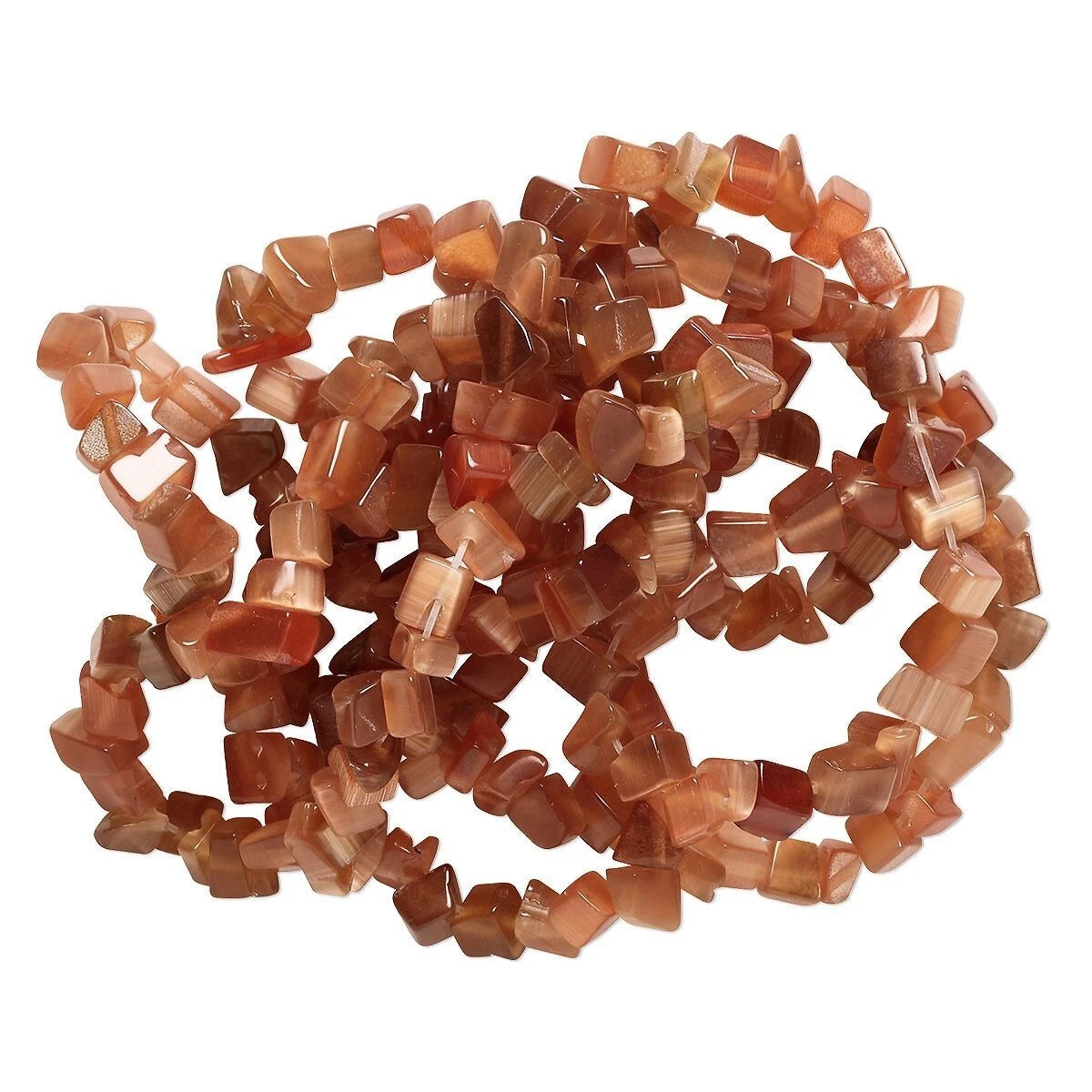 A pile of small, chunky, polished tumbled stone beads in warm reddish-brown and orange hues, arranged on a solid white background.