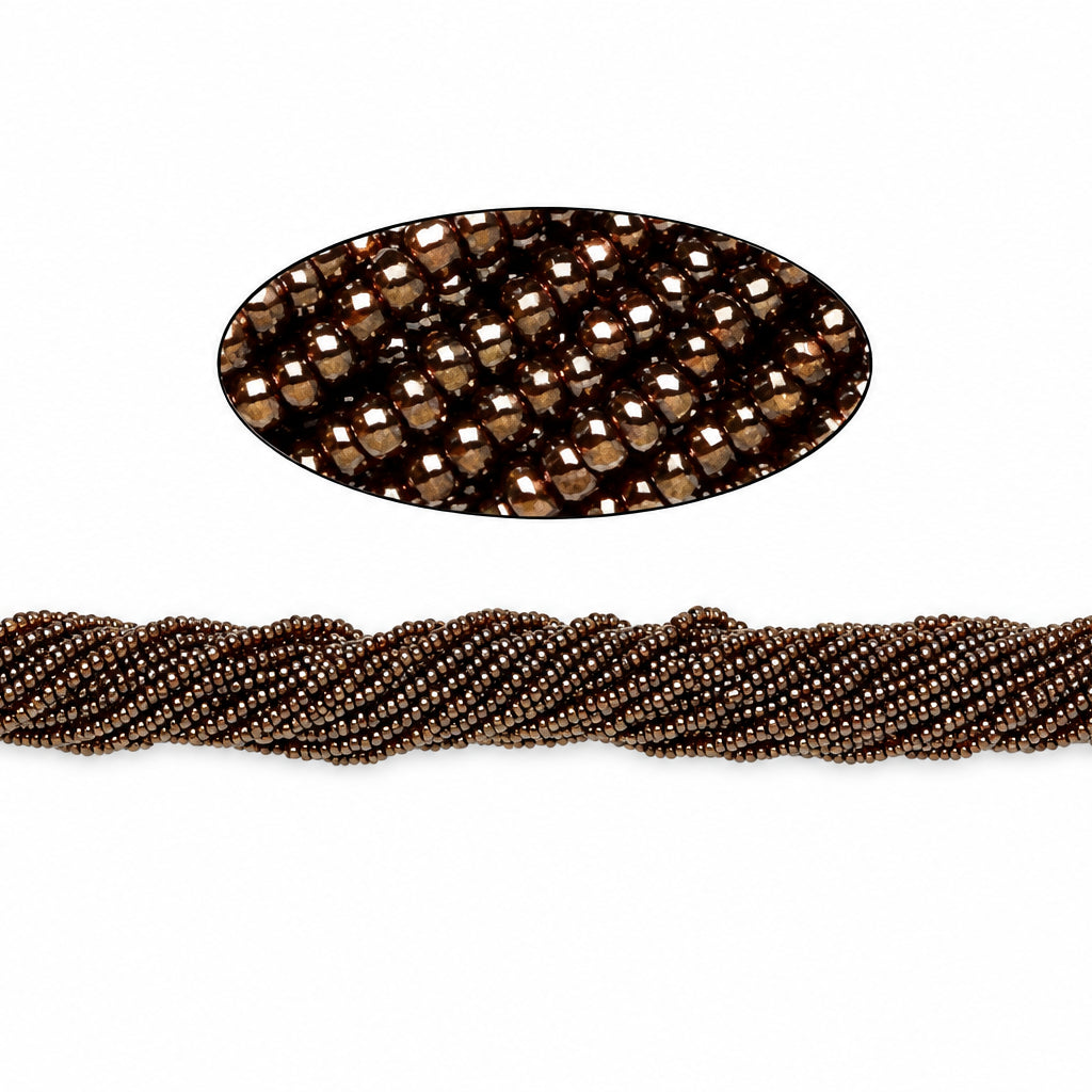 A strand of small faceted brown seed beads shown in a close-up oval detail above a wider view of the twisted strand on a white background.