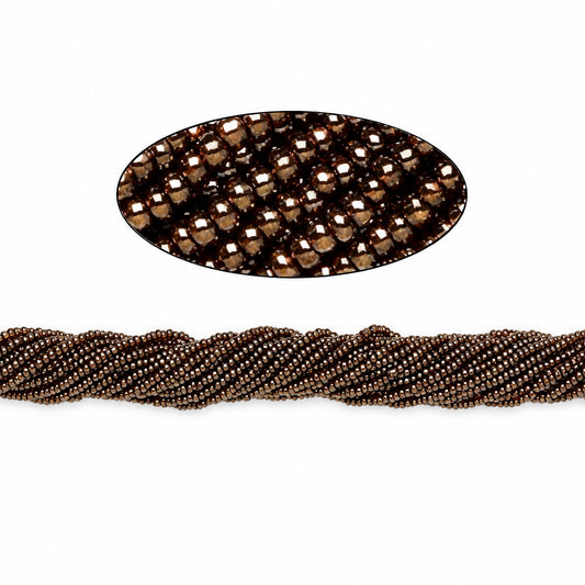A strand of small faceted brown seed beads shown in a close-up oval detail above a wider view of the twisted strand on a white background.