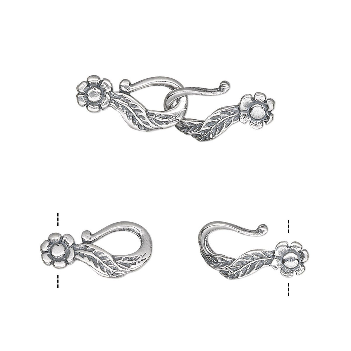Three views of a silver-toned toggle clasp with floral and leaf details, shown on a plain white background.