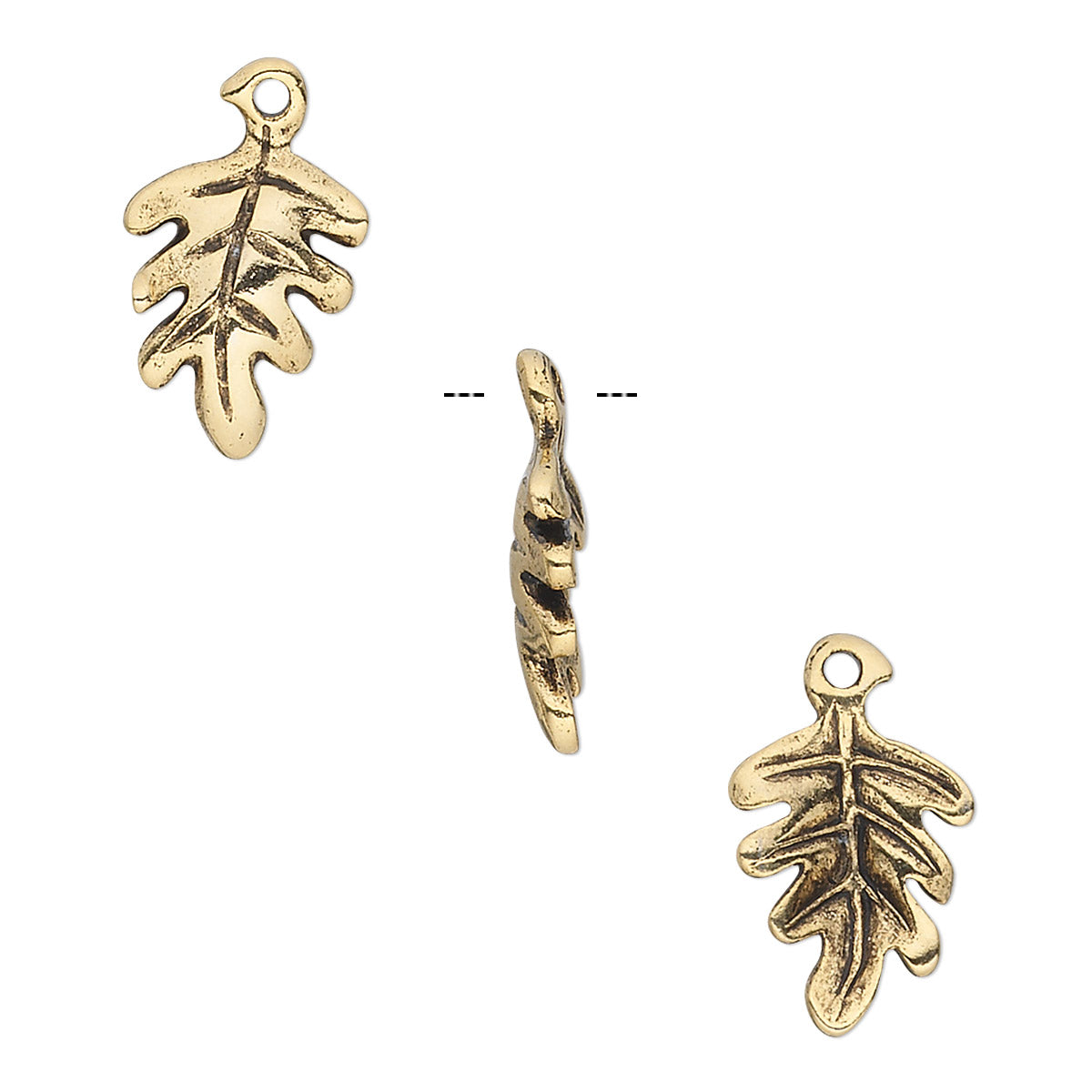 Three views of a small gold-toned leaf-shaped charm or pendant with a loop at the top, shown on a plain white background.