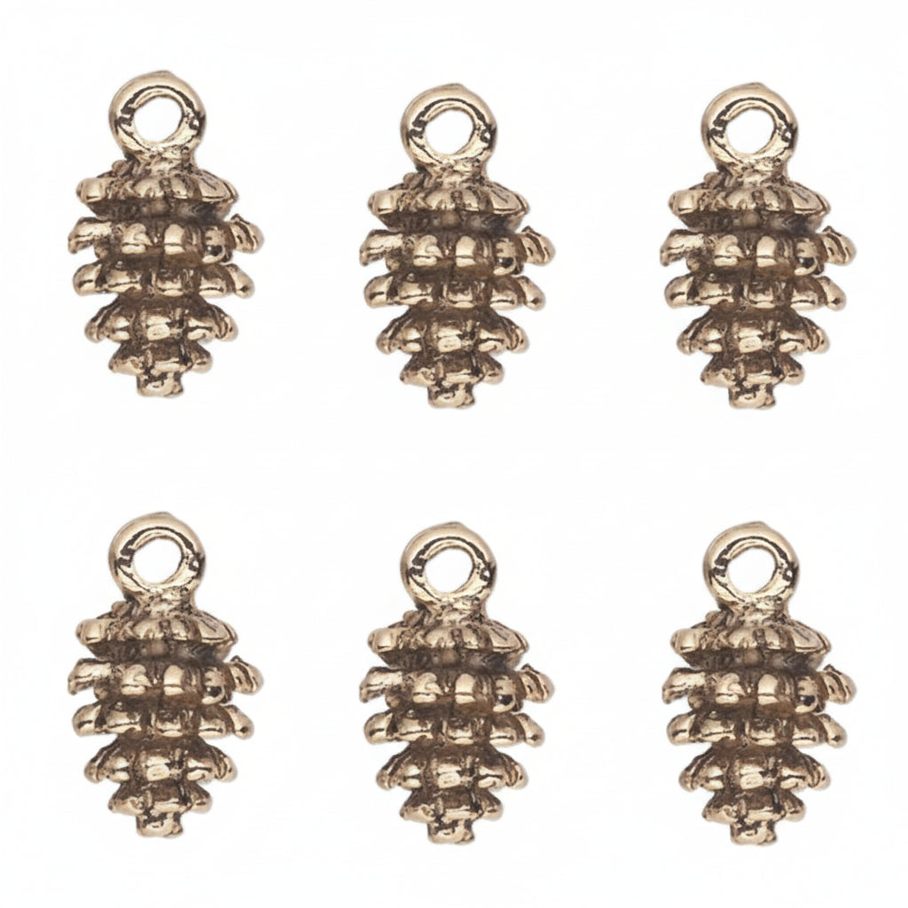 Six small metallic pine-cone shaped charms with loop tops, arranged on a plain white background.