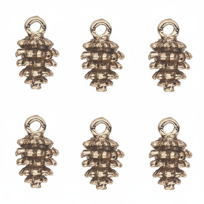 Six small metallic pine-cone shaped charms with loop tops, arranged on a plain white background.
