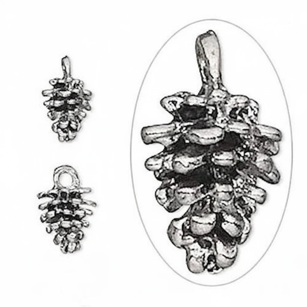 Three views of a metallic pine cone pendant charm on a plain white background, including a large oval close-up and two smaller side views.