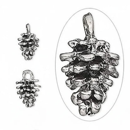 Three views of a metallic pine cone pendant charm on a plain white background, including a large oval close-up and two smaller side views.
