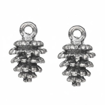 Two small metallic pinecone-shaped charms with loop tops, shown side by side on a plain white background.