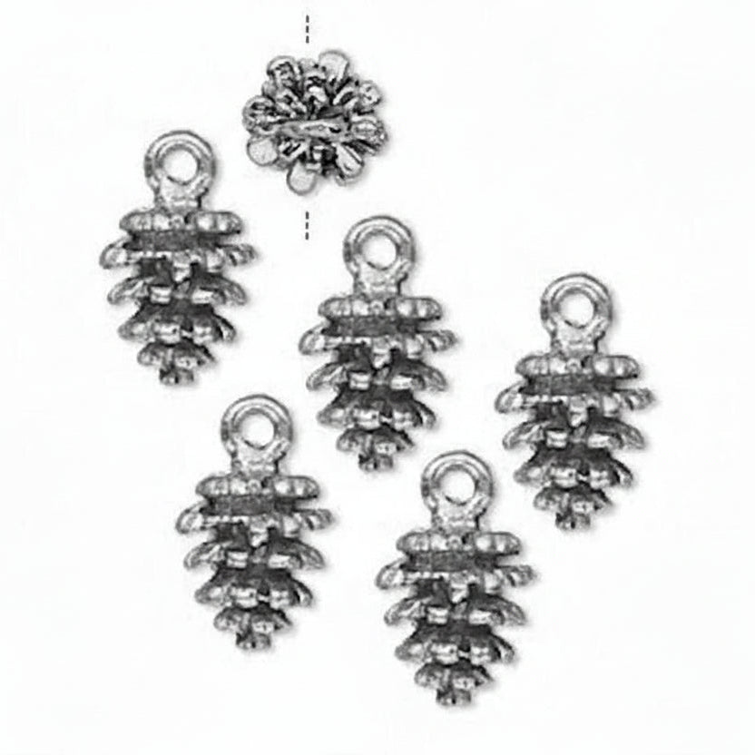 Five silver pine cone charms with hanging loops, arranged on a plain white background, with one additional charm shown above them.