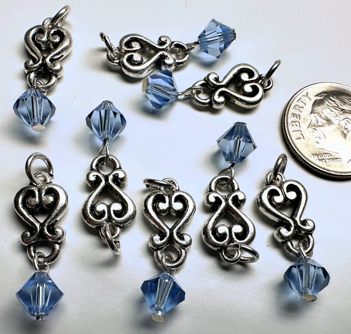 Antiqued Silver Pewter Heart Dangles with Light Sapphire Blue Swarovski Crystal 26x8mm — 8 pcs