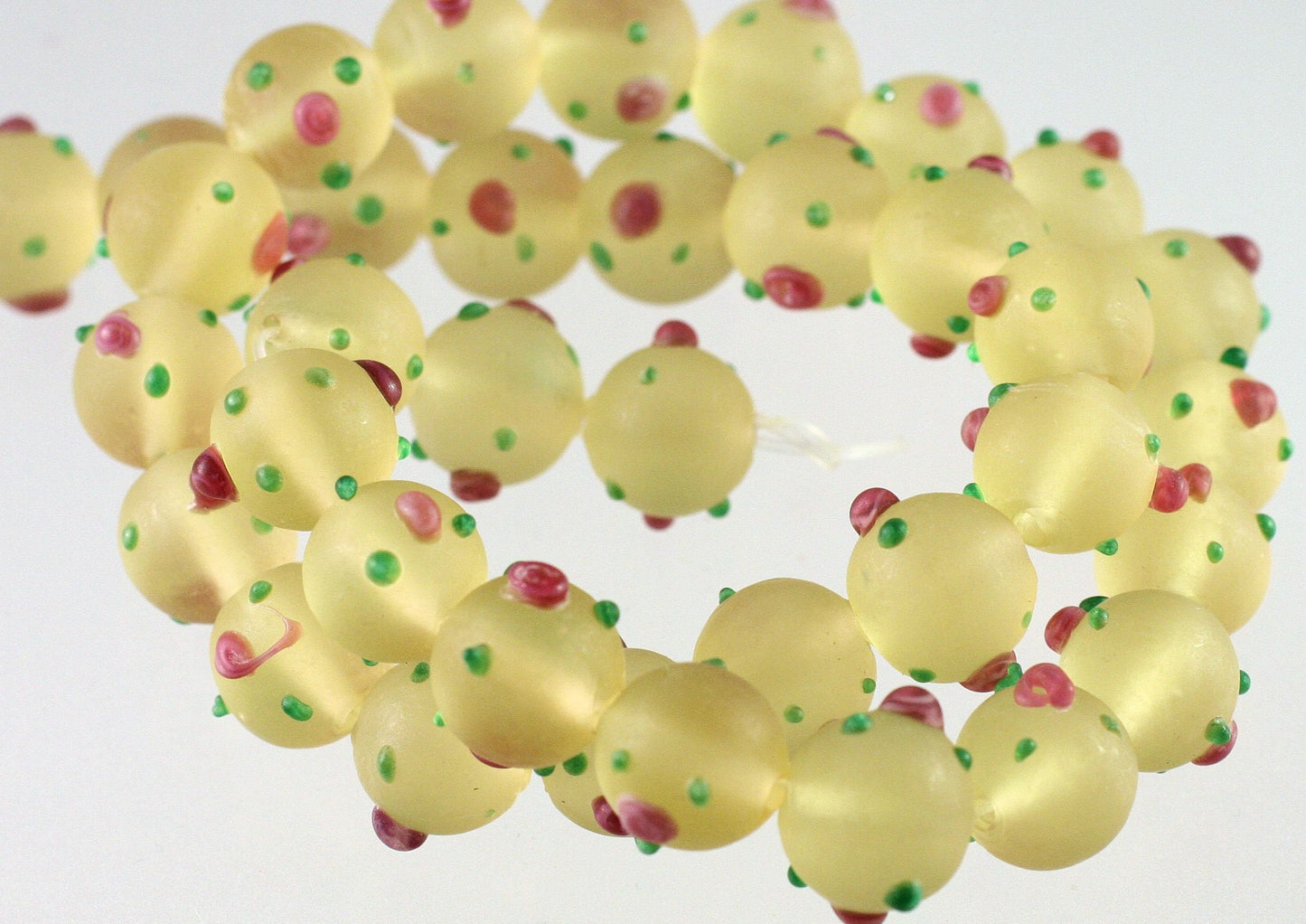 Lampworked Glass Beads: Frosted Lemon Yellow with Pink Roses & Green Leaves, 11-12mm Round (1 Strand)