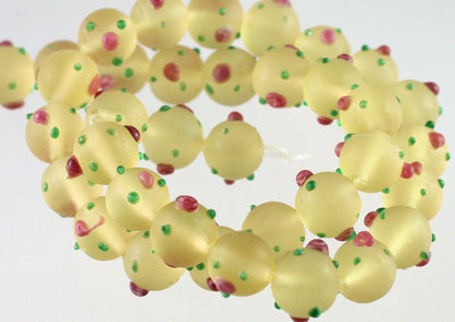 Lampworked Glass Beads: Frosted Lemon Yellow with Pink Roses & Green Leaves, 11-12mm Round (1 Strand)