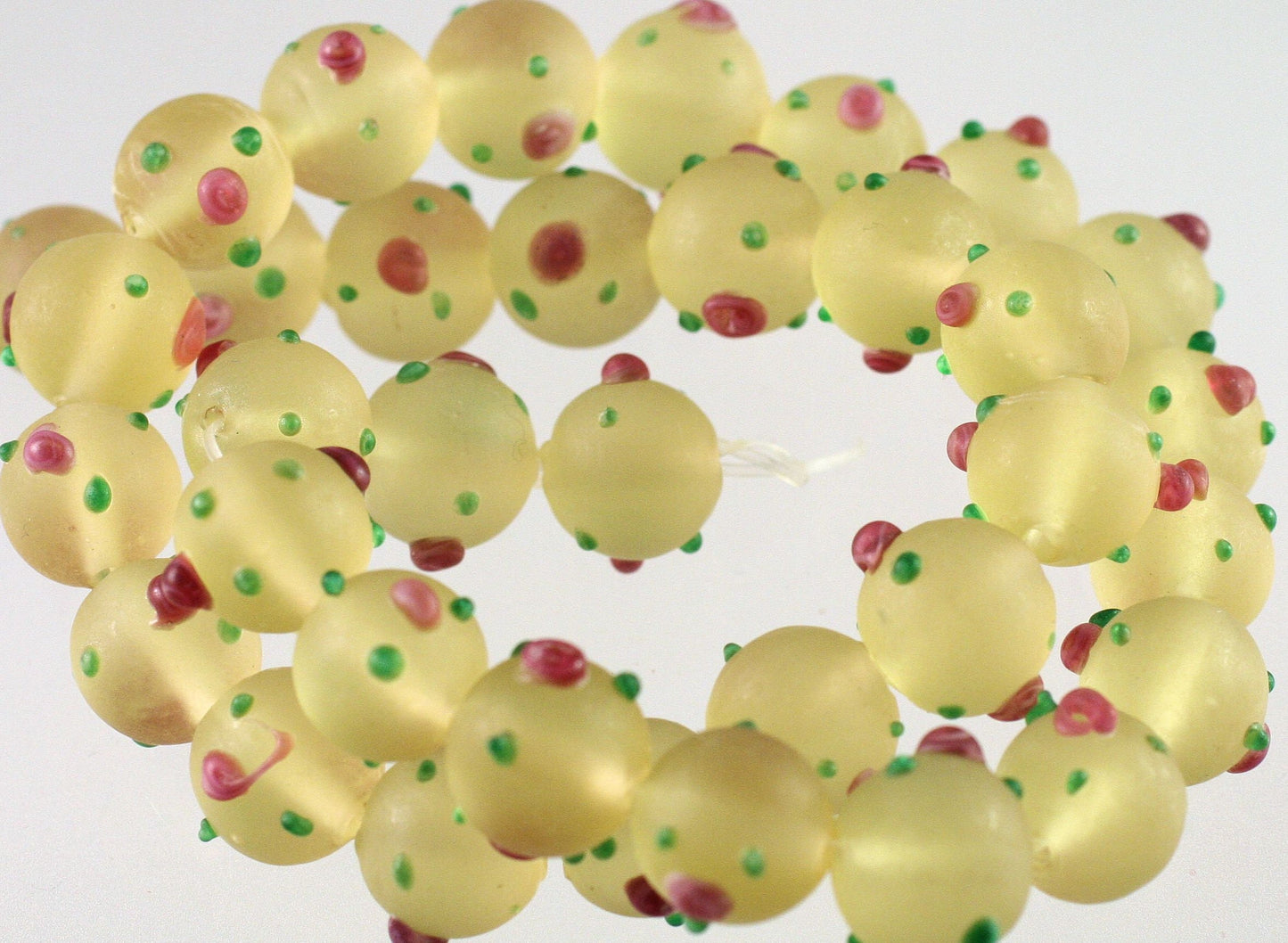 Lampworked Glass Beads: Frosted Lemon Yellow with Pink Roses & Green Leaves, 11-12mm Round (1 Strand)