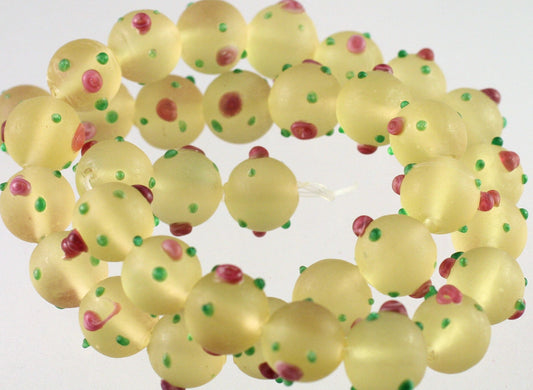 Lampworked Glass Beads: Frosted Lemon Yellow with Pink Roses & Green Leaves, 11-12mm Round (1 Strand)