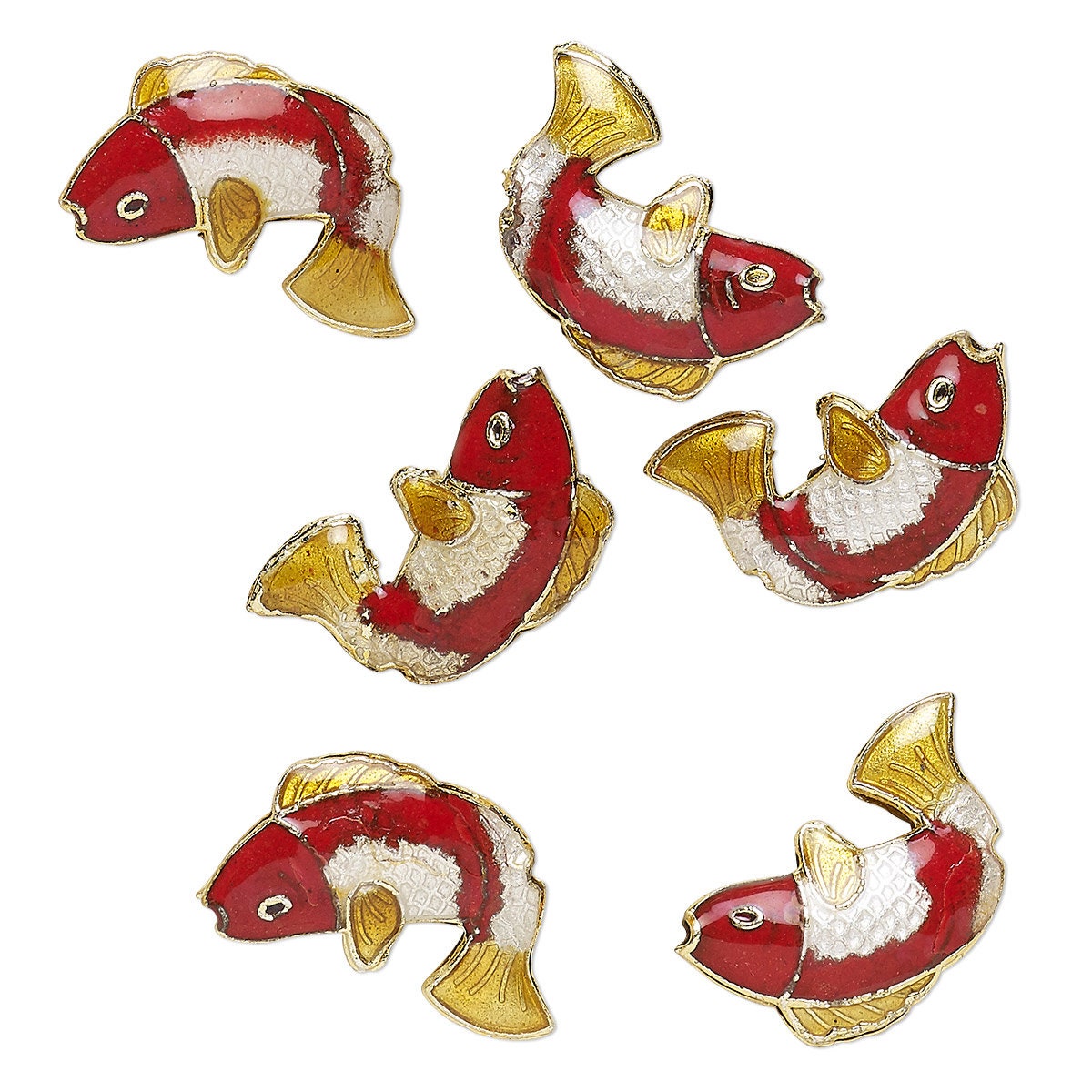 Gold Finished Brass & Red Enamel Cloisonné Fish Beads 18x14x4mm — 6 pcs