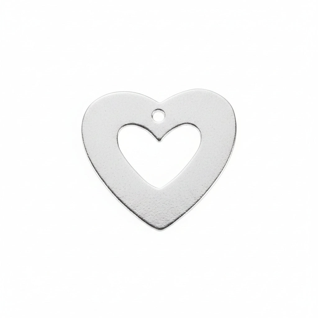 A single silver heart-shaped jewelry charm with a smaller cutout heart in the center and a small loop at the top, shown on a solid gray background.