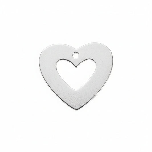 A single silver heart-shaped jewelry charm with a smaller cutout heart in the center and a small loop at the top, shown on a solid gray background.