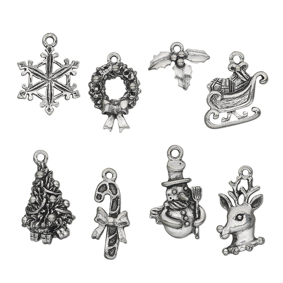 Antiqued Pewter Christmas Charm Set, 8 pcs - Snowflake, Reindeer, Tree, Wreath & More