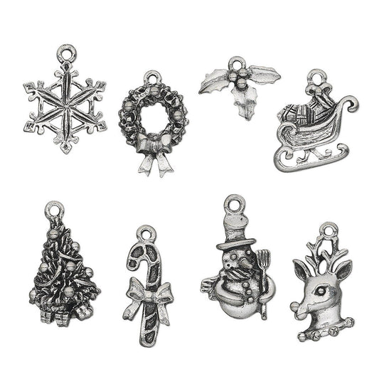 Antiqued Pewter Christmas Charm Set, 8 pcs - Snowflake, Reindeer, Tree, Wreath & More