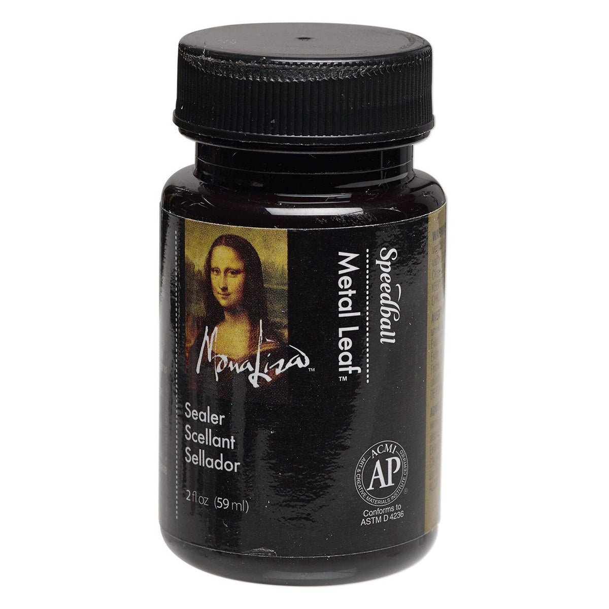 A bottle of AP Speedball Metal Leaf Sealer, featuring a black ribbed cap and a black label with a portrait of the Mona Lisa and gold-toned text.