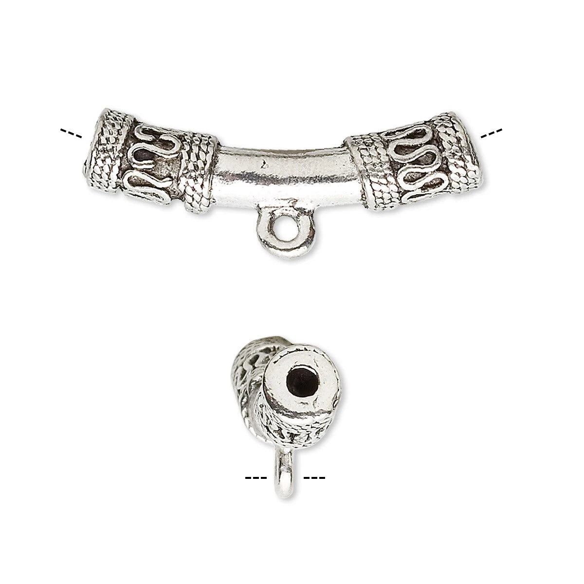 An antique silver-toned metal toggle clasp shown from two angles: a side view at the top and a top-down view at the bottom, on a plain white background.