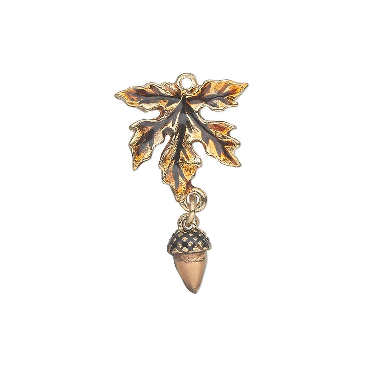 A dangling charm featuring a gold and black enamel maple leaf with a hanging acorn below, shown on a plain white background.