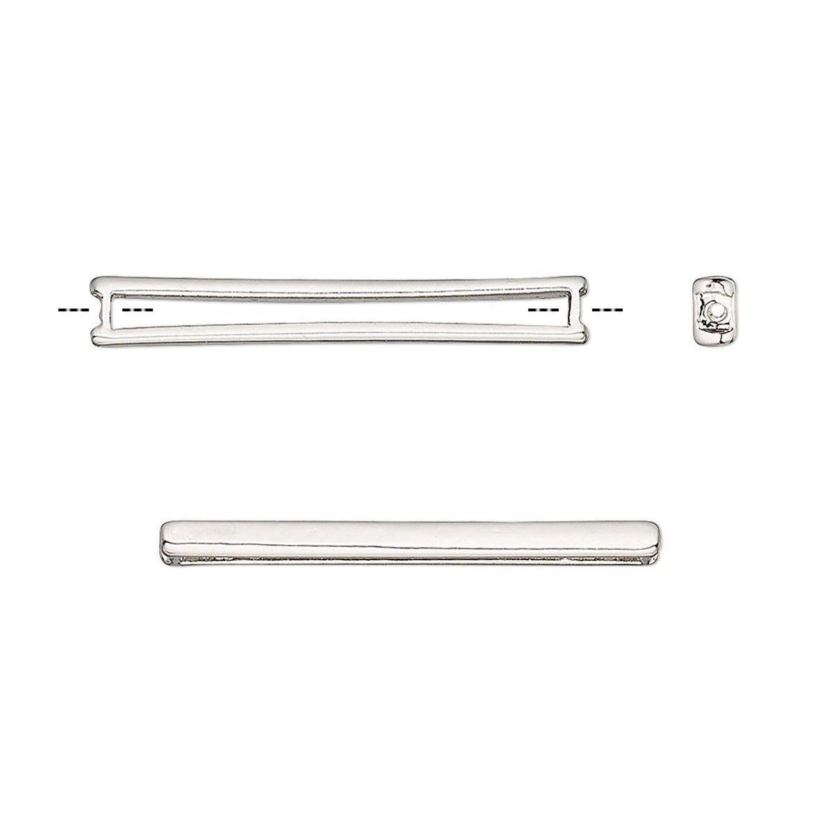 A silver-toned metal bar connector with a polished finish, shown from multiple angles on a plain white background.