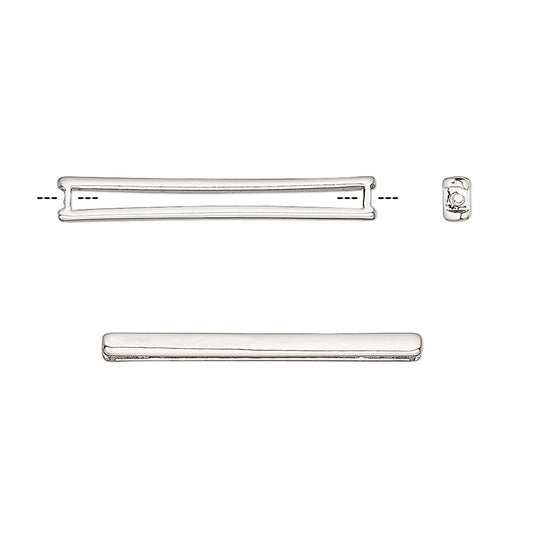 A silver-toned metal bar connector with a polished finish, shown from multiple angles on a plain white background.