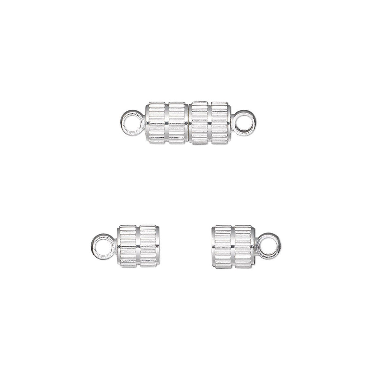 Three silver metal chain links with a ribbed cylindrical center and loop ends, shown on a plain white background.