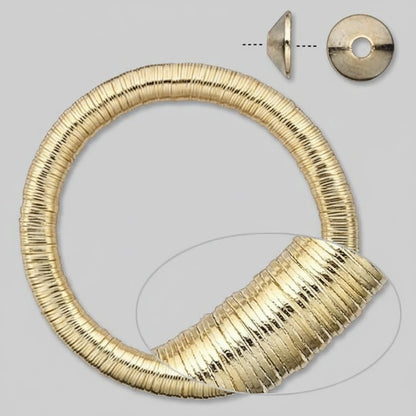 A gold-toned segmented ring or hoop shown on a plain gray background, with two small inset views at the top and a circular zoomed-in detail at the lower right.