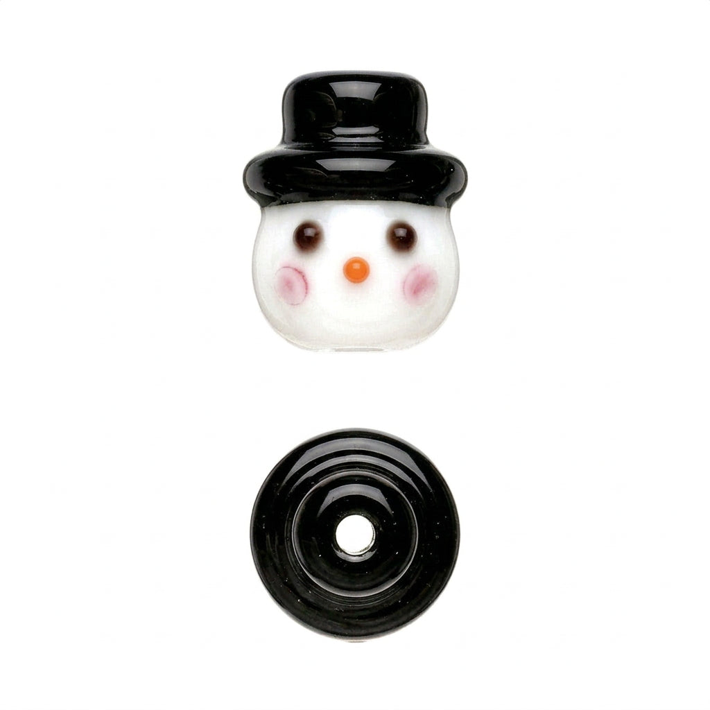 A small decorative snowman-shaped item shown from two angles on a plain white background. The top view shows a glossy black hat, white face, pink cheeks, and brown eyes.