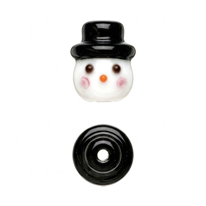 A small decorative snowman-shaped item shown from two angles on a plain white background. The top view shows a glossy black hat, white face, pink cheeks, and brown eyes.