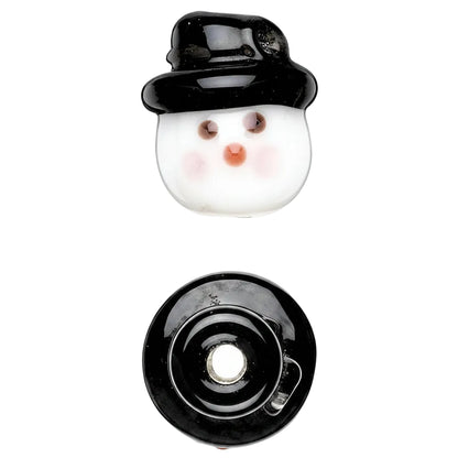 A snowman-shaped glass ornament or charm with a glossy black hat, white face, and pink cheeks, shown from the front and back on a plain white background.