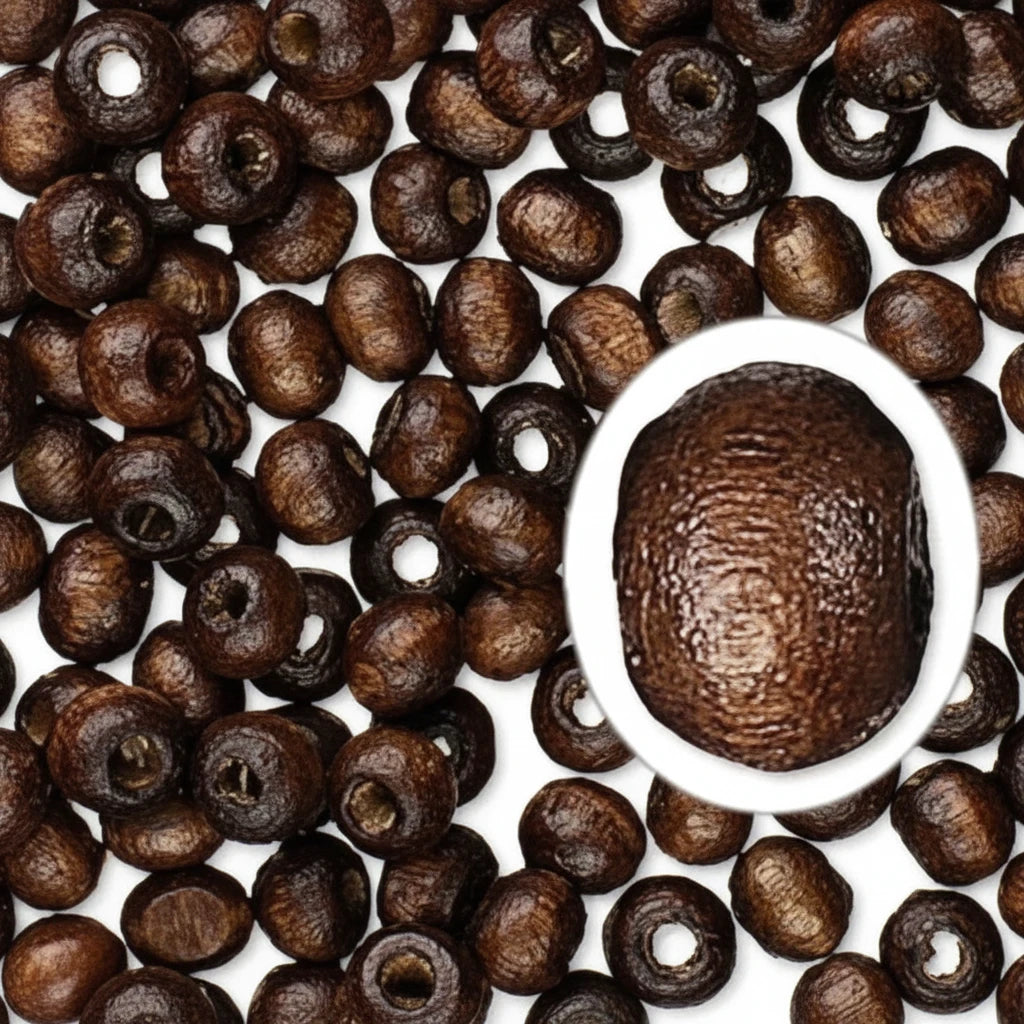 Dark brown wooden beads with central holes, shown with a white oval highlighting one of the beads.