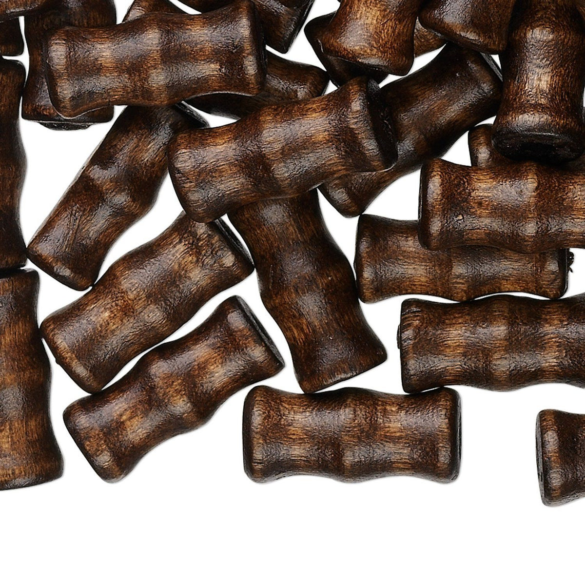 A pile of dark brown wooden beads with a textured, bamboo-like segmented design, shown on a plain white background.