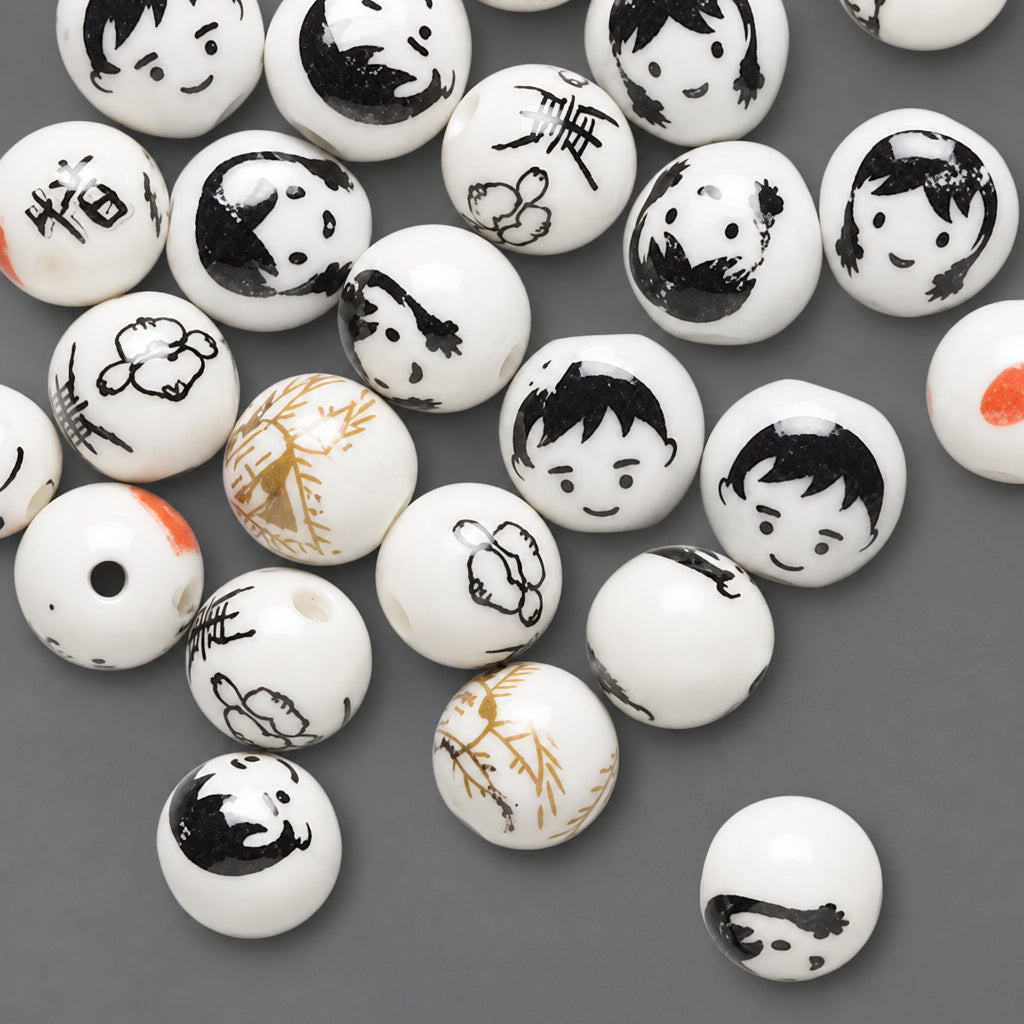 A pile of round white beads featuring hand-painted black ink sketches of cartoon faces, with a few beads decorated in gold and orange, set against a solid dark gray background.